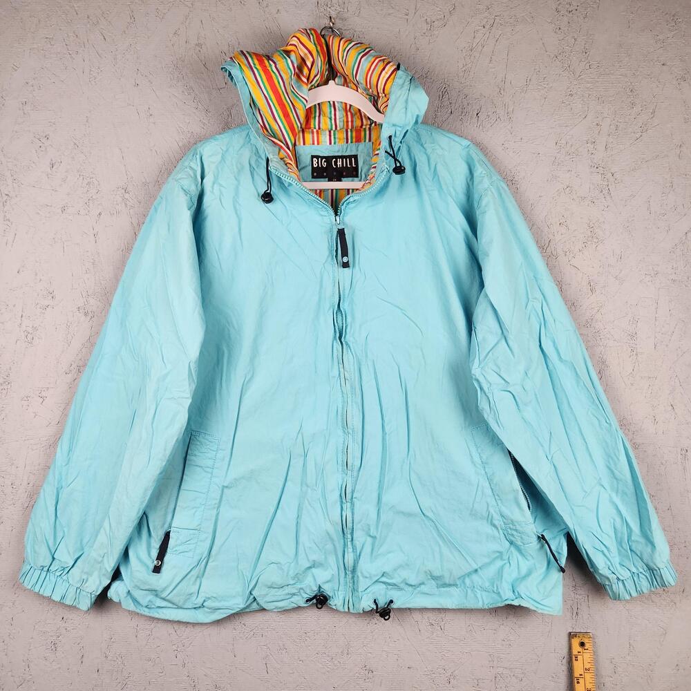 Big Chill Jacket Womens 2X Light Blue Hooded Zip Windbreaker Striped Rainbow Y2K